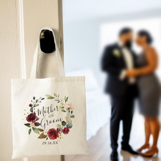 Tote Bag Couronne florale bordeaux Rose Mère du marié (Rose Burgundy Floral Wreath Mother of the Groom Tote Bag)