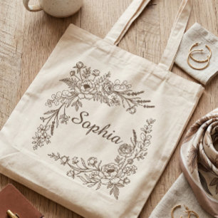 Tote Bag Couronne florale botanique élégante Monogramme Nom