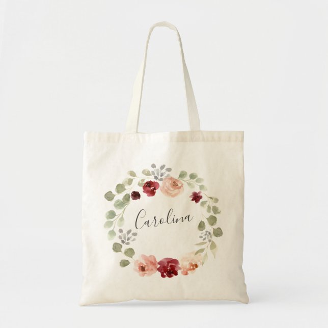 Tote Bag Couronne florale Bourgogne et eucalyptus (Devant)