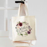 Tote Bag Couronne florale Burgundy Blush Mère du marié<br><div class="desc">Élégant et doux chapelet de roses roses pourpre vin burgundy aquarelle avec calligraphie moderne et typographie classique sac fourre-tout pour votre future belle-mère.</div>