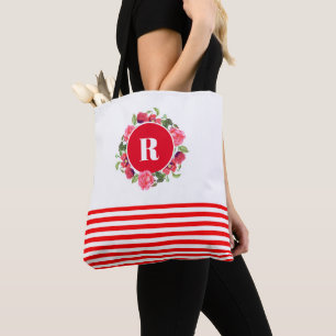 Tote Bag Couronne florale de cercle rouge et rose à l'aquar