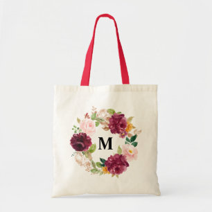 Tote Bag Couronne florale de monogramme burgundy aquarelle