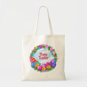 Tote Bag Couronne florale d'oeufs de Pâques joyeux