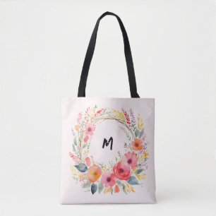 Tote Bag Couronne florale élégante avec monogramme