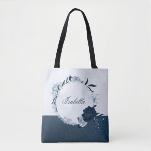 Tote Bag Couronne florale élégante bleu marine et bleu pous
