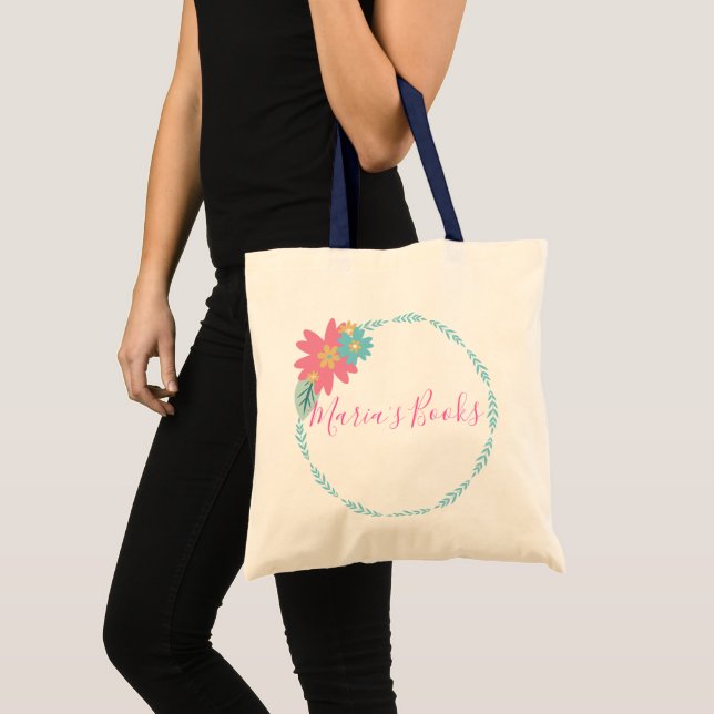 Tote Bag Couronne florale Nom Bibliothèque Livres (Devant (produit))
