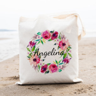 Tote Bag Couronne florale personnalisée à l'aquarelle pour