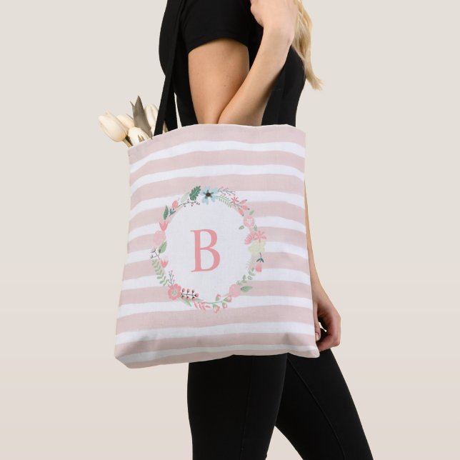 Tote Bag Couronne florale rose monogramme (De près)