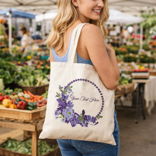 Tote Bag Couronne florale violette Texte personnalisé Fle