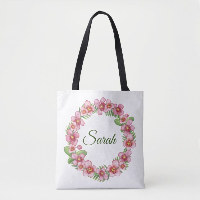 Tote Bag Couronne rose et verte fleurie personnalisée (Devant)