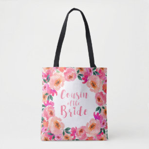 Tote Bag Cousine de la mariée Fleurs aquarelles roses Maria