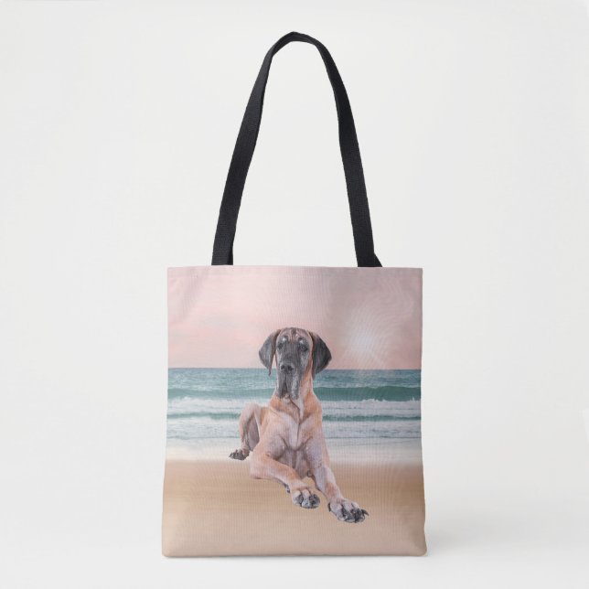 Tote Bag Coutume Grand Chien Danse assis sur la plage (Devant)