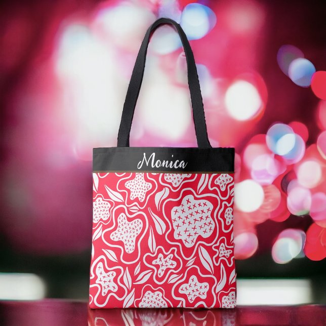 Tote Bag Couture croisée sur mesure look rouge blanc floral (Colorful original design by artist © Cathy Thompson. Personalize with any name.)