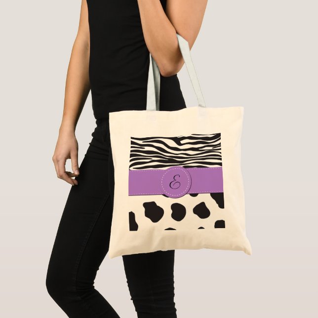 Tote Bag Cow Print, Cow Spots, Zebra Stripes, monogram (Devant (produit))