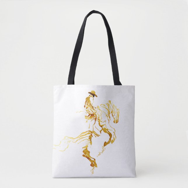 Tote Bag Cowboy Doré sur Cheval Cabré  (Devant)