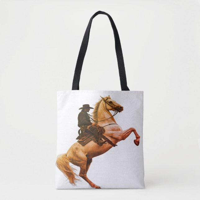 Tote Bag Cowboy Riding a White Horse on a Shoulder (Devant)