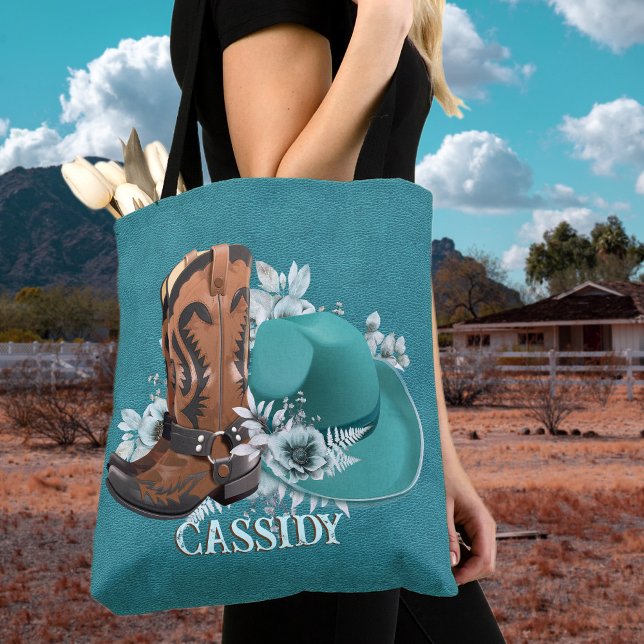 Tote Bag Cowgirl cowboy bottes casquette turquoise nom en c (Cowgirl cowboy boots hat turquoise leather name tote bag)