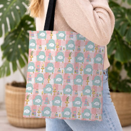 Tote Bag Cozy Cat & Book Girl Pastel Mint Green Pink