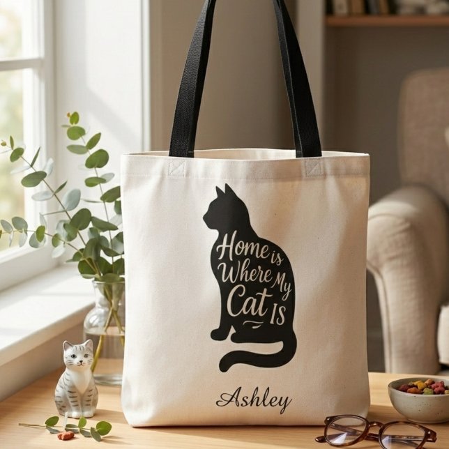Tote Bag Cozy Cat Lover – Home is Where My Cat Is (Personalized cat tote bag)