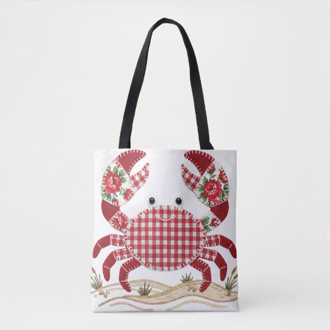 Tote Bag Crabe à courtepointe patchwork rouge (Devant)