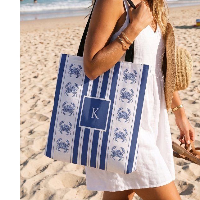 Tote Bag Crabe Bleu Monogramme Nautical Coastal (Créateur téléchargé)