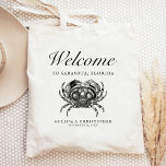 Tote Bag Crabe de bienvenue de mariage de destination<br><div class="desc">Cet hôtel de mariage de destination ou sac de faveur présente une illustration vintage d'un crabe sous le mot "bienvenue" dans l'élégant script. Personnalisez-le avec votre emplacement mariage,  les noms de la mariée et du marié,  et la date du mariage.</div>