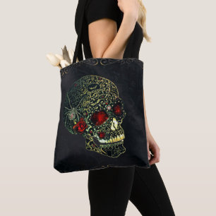 Tote Bag Crâne à bijoux et Roses glam Gothique Filigree