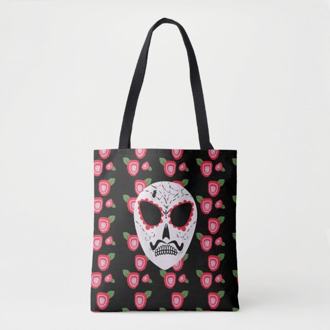 Tote Bag Crâne à sucre Dia De Los Muertos Roses (Devant)