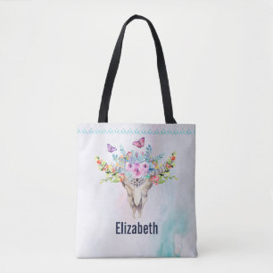 Tote Bag Crâne animal Boho avec papillons et fleurs