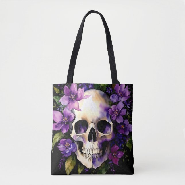 Tote Bag Crâne aux fleurs violettes Goth Aquarelle (Devant)
