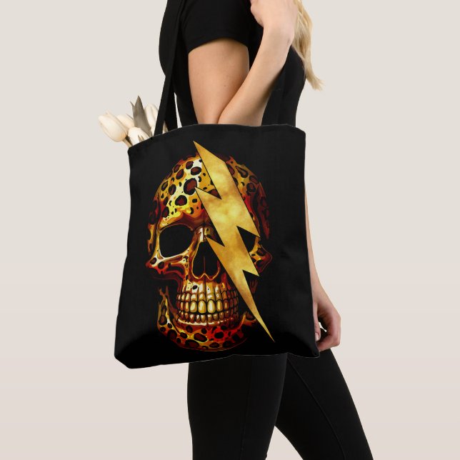 Tote Bag Crâne avec impression léopard et paillettes dorées (De près)
