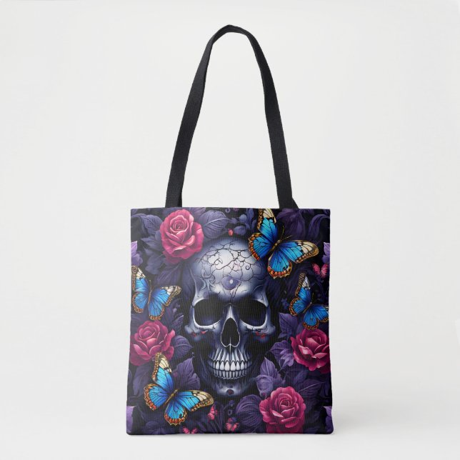 Tote Bag Crâne avec papillons bleus et roses rouges Goth (Devant)