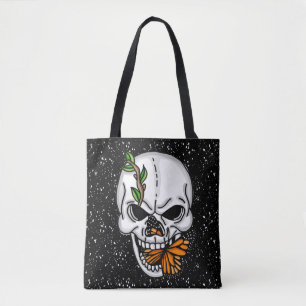 Tote Bag Crâne avec papillons Monarque Arrière - plan noir