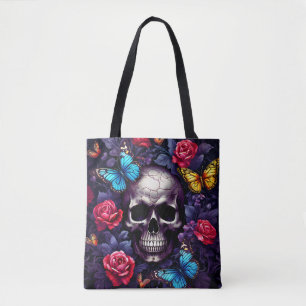 Tote Bag Crâne avec Roses et papillons Goth