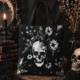 Tote Bag Crâne Botanique Gothique Fleur Dark