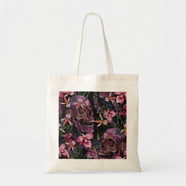 Tote Bag Crâne brodé : Motif gothique de l'orchidée (Devant)