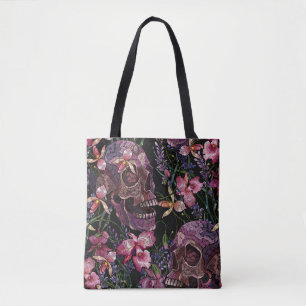 Tote Bag Crâne brodé : Motif gothique de l'orchidée