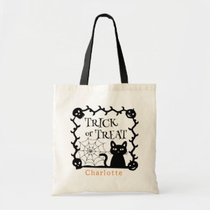 Tote Bag Crâne Chat Noir Nom Personnalisé Trick Ou Treat