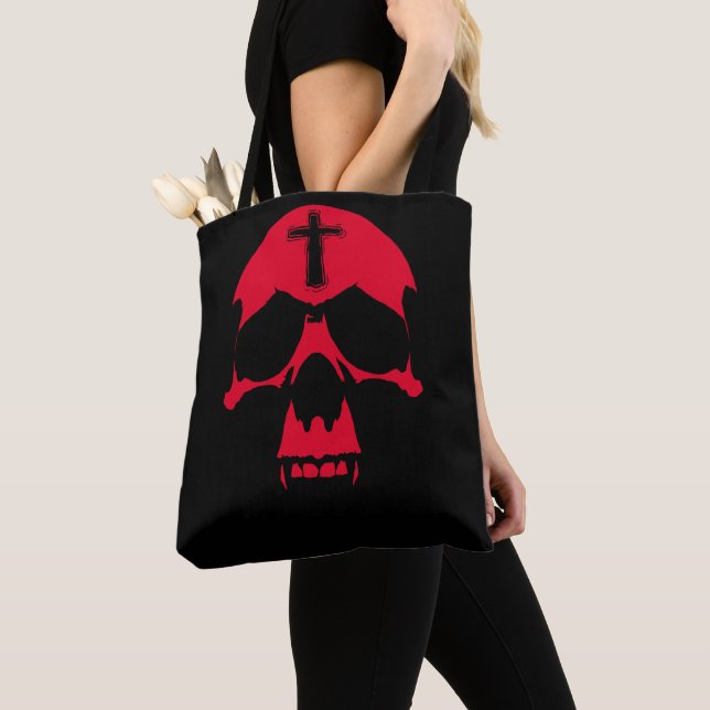 Tote Bag Crâne de démon rouge Design graphique gothique (De près)