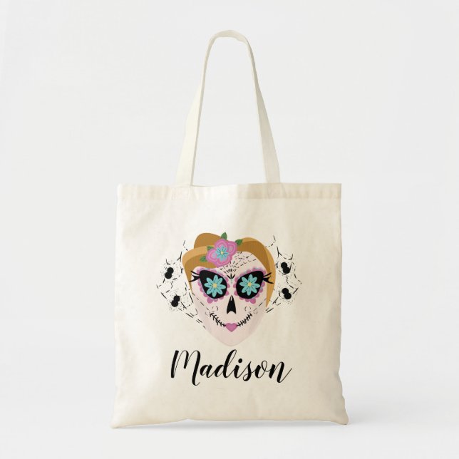 Tote Bag Crâne de sucre d'Halloween Friandise ou Farce (Devant)