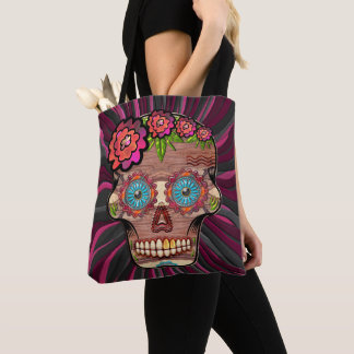 Tote Bag Crâne de sucre en bois sculpté avec couronne fleur