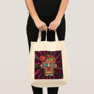 Tote Bag Crâne de sucre en bois sculpté avec couronne fleur