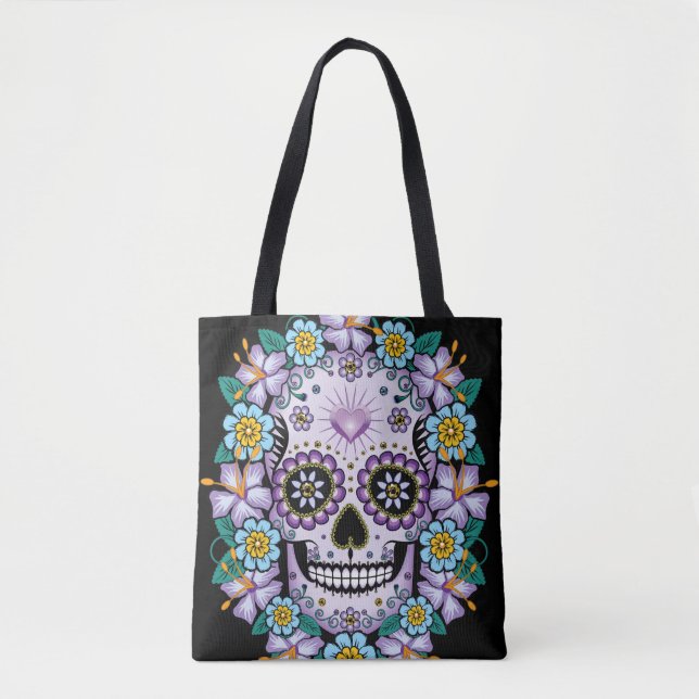 Tote Bag Crâne de sucre pourpre aux fleurs (Devant)