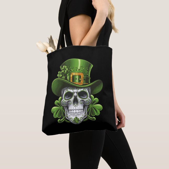 Tote Bag Crâne de Sucre St Patrick's Day Trèfle (De près)