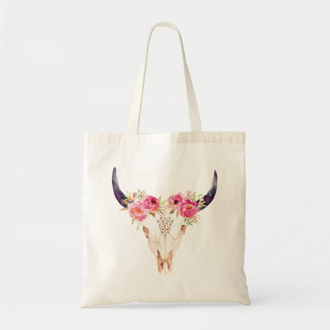Tote Bag Crâne de Taureau avec les fleurs roses (Devant)