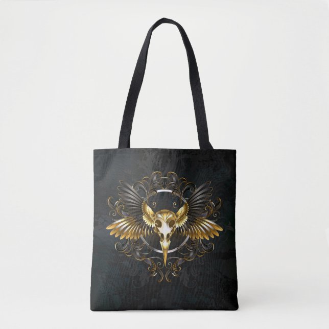 Tote Bag Crâne d'oiseaux dorés sur arrière - plan noir (Devant)