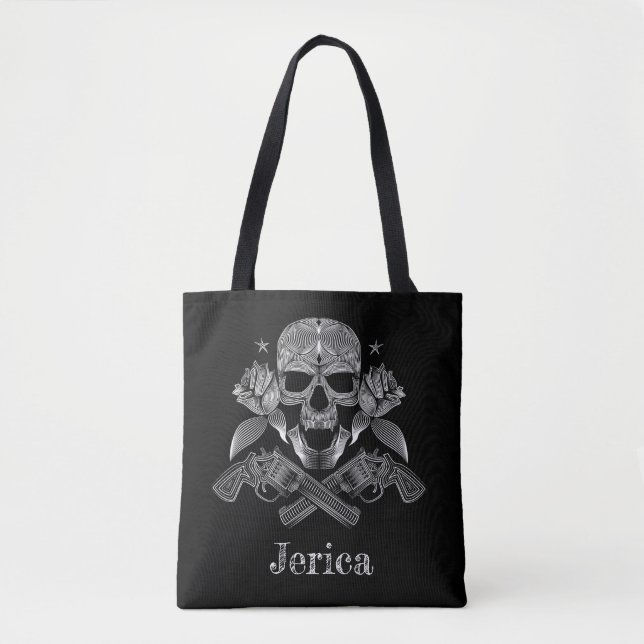 Tote Bag Crâne et armes à feu noirs et blancs (Devant)
