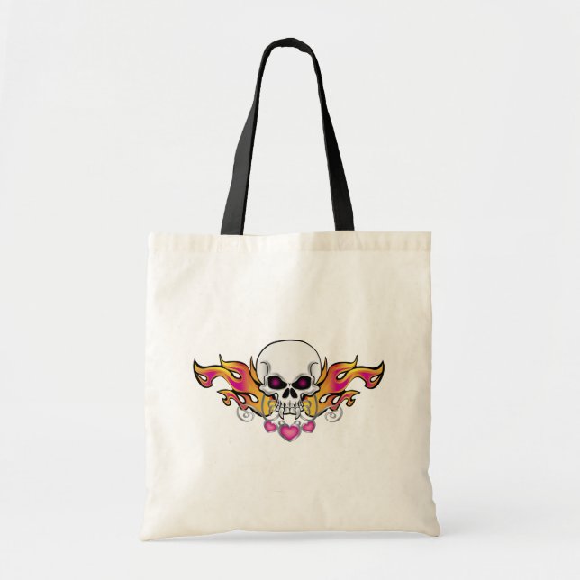 Tote Bag Crâne et coeurs flamboyants (Devant)