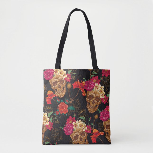Tote Bag Crâne et fleurs Arrière - plan transparent (Devant)