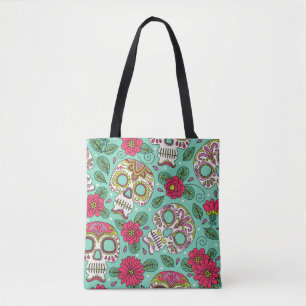 Tote Bag Crâne et fleurs mexicaines, sans soudure.